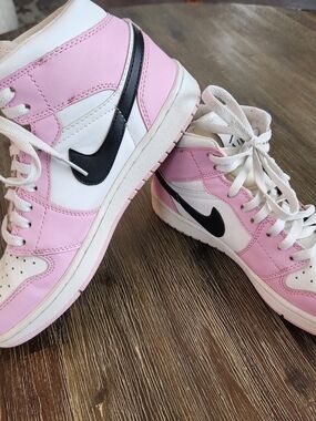 Nike Air Jordan 1 Mid - size 8 Nike Women’s Pink, White & Black Mid-Top Sneakers
